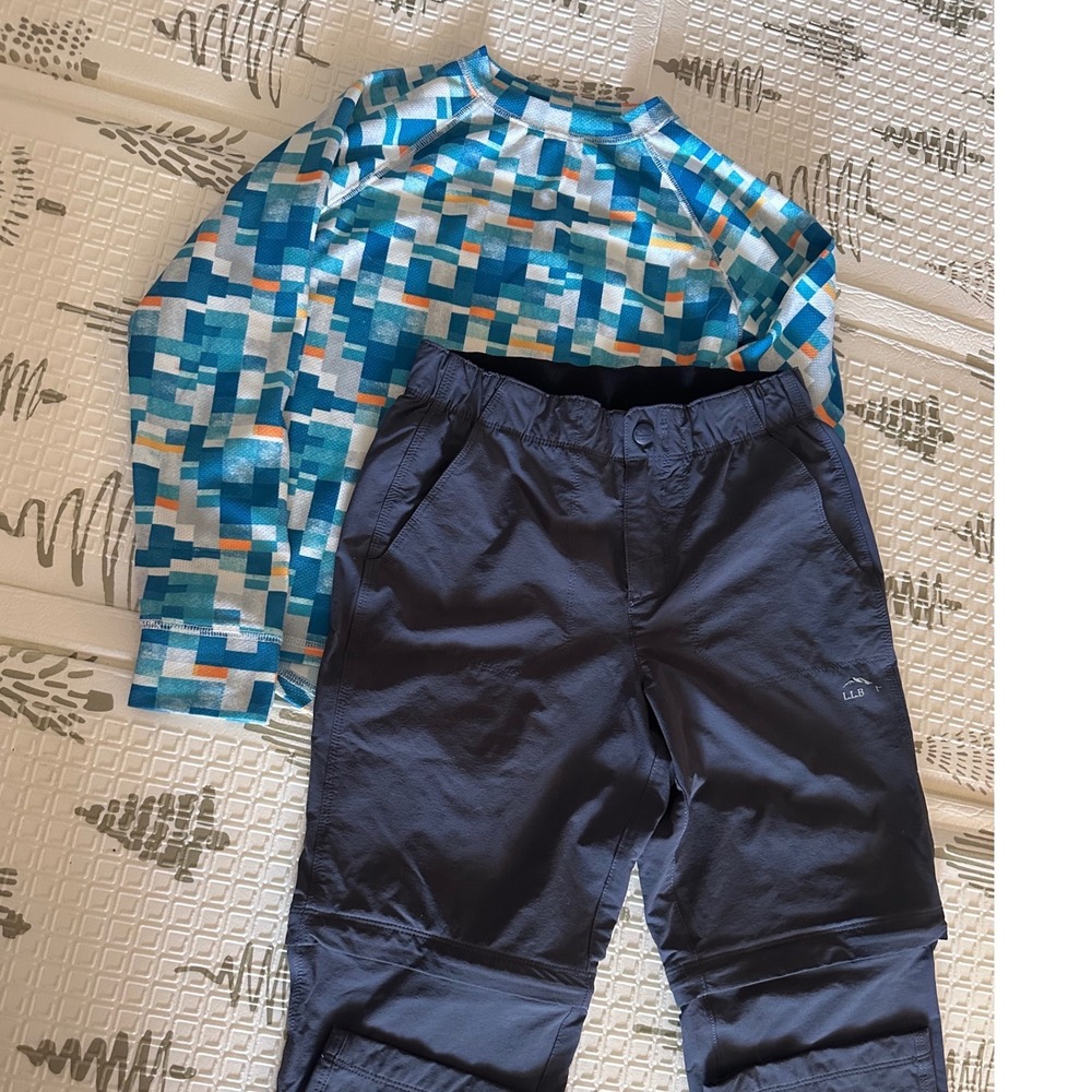 LL Bean Kids Set Sun Smart Shirt M 10-12 & Zip Off Convertible Pants 12 Grayblue